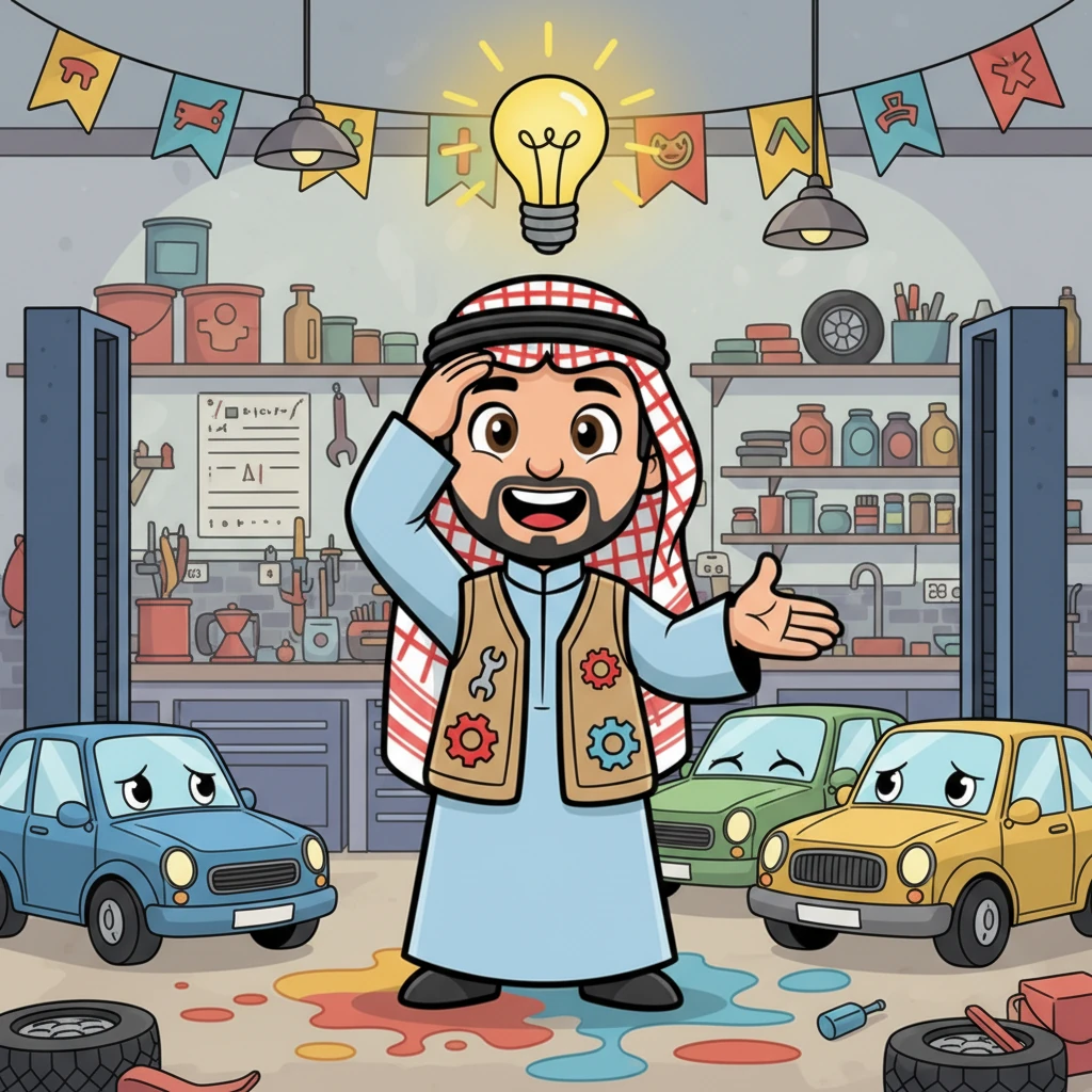 ميكو الميكانيكي البشوش يقف في ورشته الملونة، يحيط به عدد قليل من السيارات التي تبدو حزينة ومتعبة. يمسح جبهته بابتسامة عريضة، ويبدو أن لديه فكرة لامعة لتحويل هذه الورشة إلى مكان مليء بالبهجة والحيوية. تظهر لمبة مضيئة فوق رأسه، إشارة لبداية مغامرة جديدة.