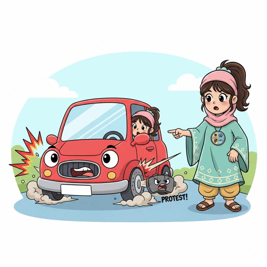 تظهر سيارة حمراء صغيرة بوجه قلق، تفرمل فجأة وتصدر صوت "صييييص" مزعجًا. تيل الفرامل القديم يصرخ احتجاجًا، مما يجعل وجه السائق الصغير داخلها يبدو متفاجئًا. ميكو يشير إليها بيده، متفهمًا المشكلة ومستعدًا للحل.