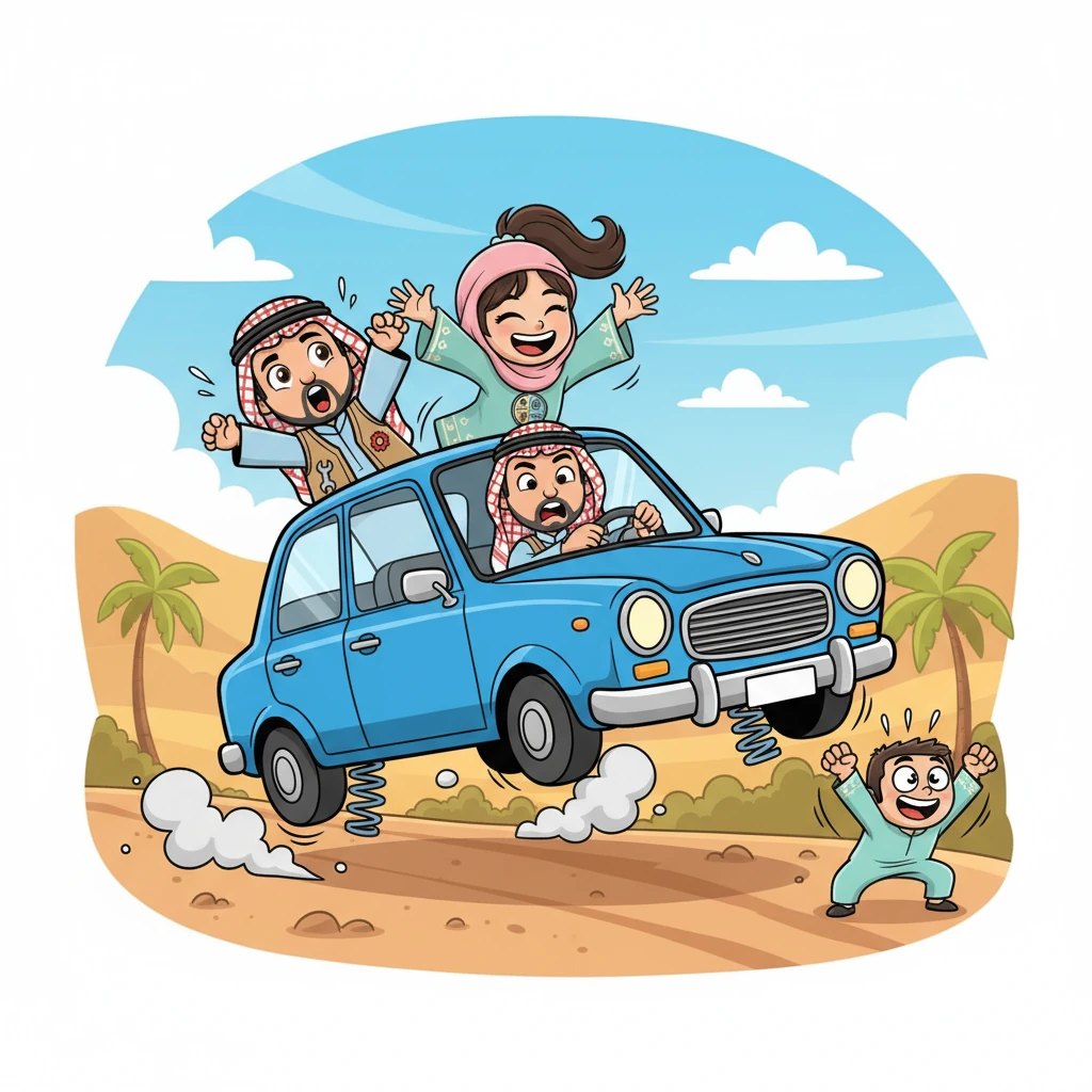 تأتي سيارة زرقاء اللون، وهي تقفز وتترنح بشكل مضحك على الطريق الوعر. المساعدين القديمة لا تستطيع امتصاص الصدمات، مما يجعل الركاب يرتفعون وينخفضون داخل السيارة بأسلوب هزلي. ميكو يقلد حركة السيارة المتقافزة بوجه كوميدي.