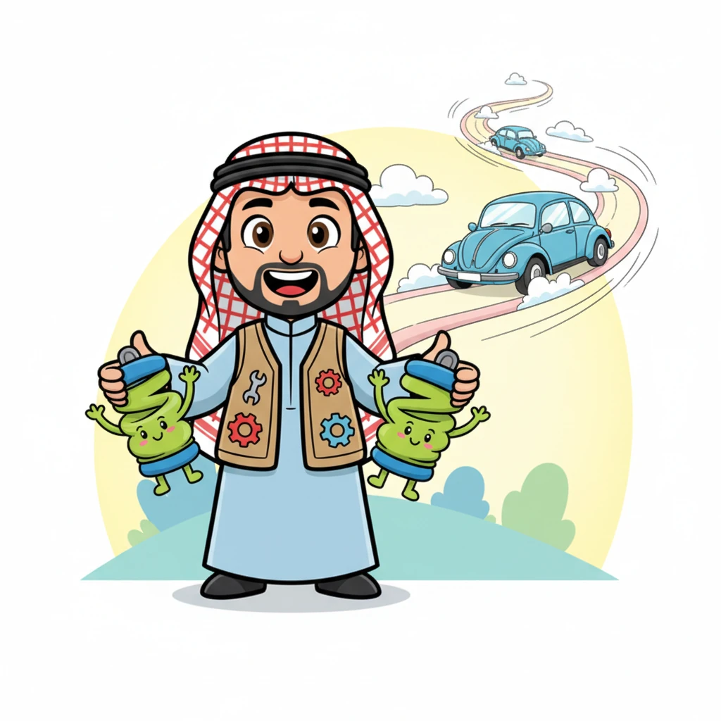 يقف ميكو بفخر وهو يحمل مساعدين جديدين مرنين ونطاطين، يبتسمان وكأنهما مستعدان لرحلة مريحة. يظهرهما وكأنهما ينبضان بالحياة، واعدين برحلة سلسة وممتعة. خلفه، تتخيل السيارة الزرقاء نفسها وهي تنزلق برشاقة على الطرقات.