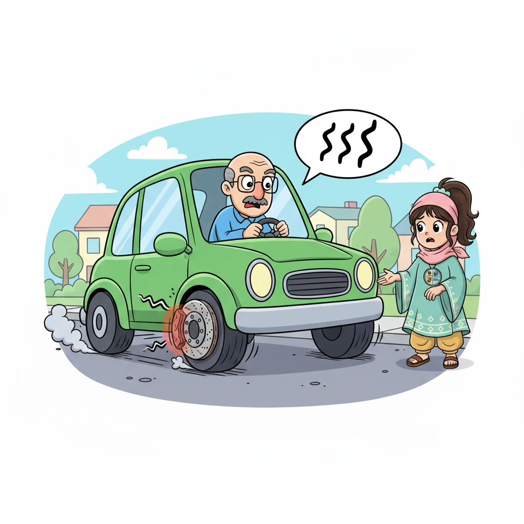 تظهر سيارة خضراء كبيرة، تحاول التوقف ولكن طنابير الفرامل البالية لا تستجيب جيدًا، مما يجعلها تتوقف ببطء شديد وتصدر صوت احتكاك مزعج. يبدو وجه السائق متوترًا وقلقًا، وميكو ينظر إلى الطنابير القديمة بقلق.