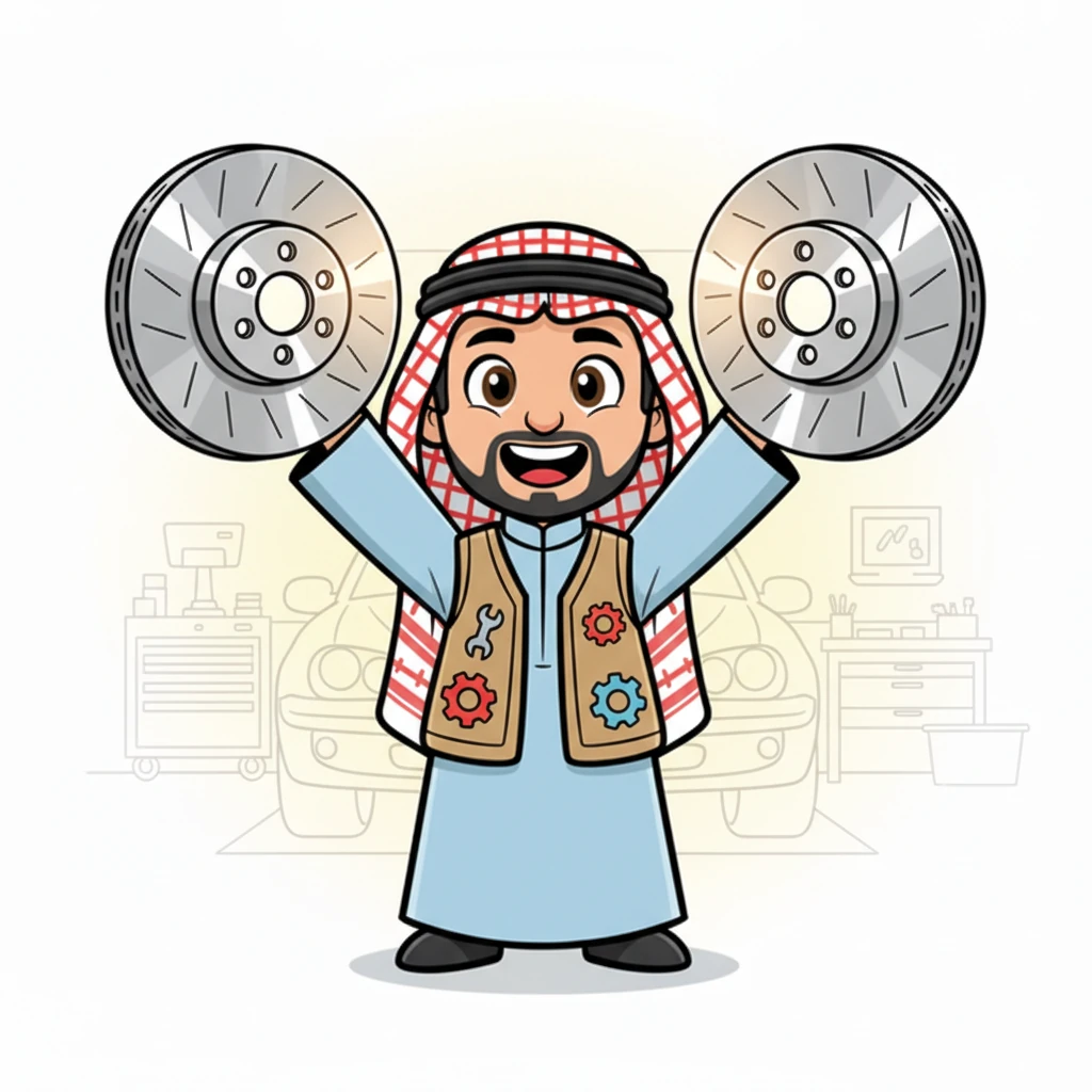 بابتسامة واثقة، يعرض ميكو طنابير فرامل جديدة لامعة وقوية، تبدو وكأنها دروع فضية جاهزة لحماية السيارة. يلمع المعدن النظيف تحت الضوء، مما يوحي بالسلامة والقوة. ميكو يرفعها عالياً، معلنًا عن حل المشكلة.