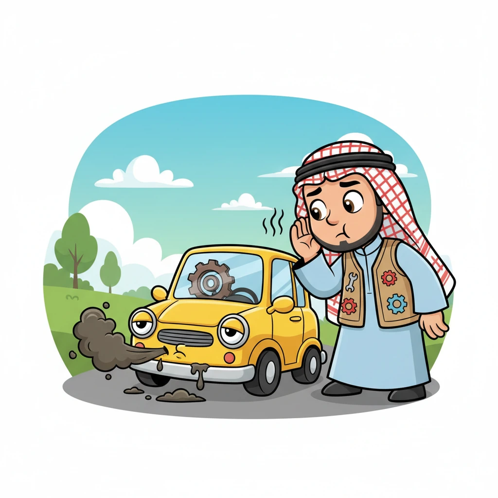 سيارة صفراء صغيرة تكافح لتغيير السرعات، محركها يصدر صوتًا متعبًا وكأنها تشكو من التعب. زيت الفتيس القديم جعل الحركة بطيئة وغير سلسة، مما يجعل السيارة تبدو مرهقة. ميكو يميل أذنه، يستمع إلى شكوى السيارة بحنان.