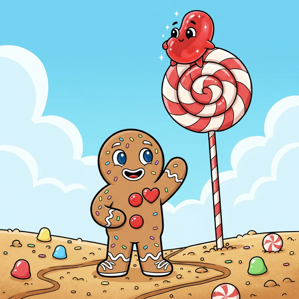 Gus the Gingerbread Man, with his frosting smile and button eyes, stood on a crumbly cookie path. His heart, a tiny gumdrop, fluttered when he spotted her: Jelly Belle, a dazzling cherry jelly bean, perched high atop a swirly lollipop. She sparkled in the sweet sunshine.