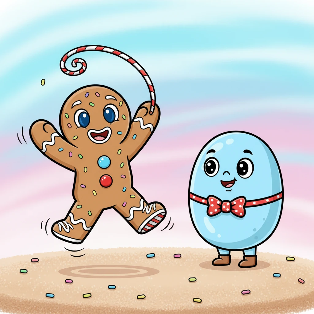With a skip and a hop, Gus tried to catch Jelly Belle's eye. He performed a joyful little dance, twirling his frosting arms and wiggling his candy cane legs. A sprinkle fell from his head, landing with a soft plink on the sugary ground.