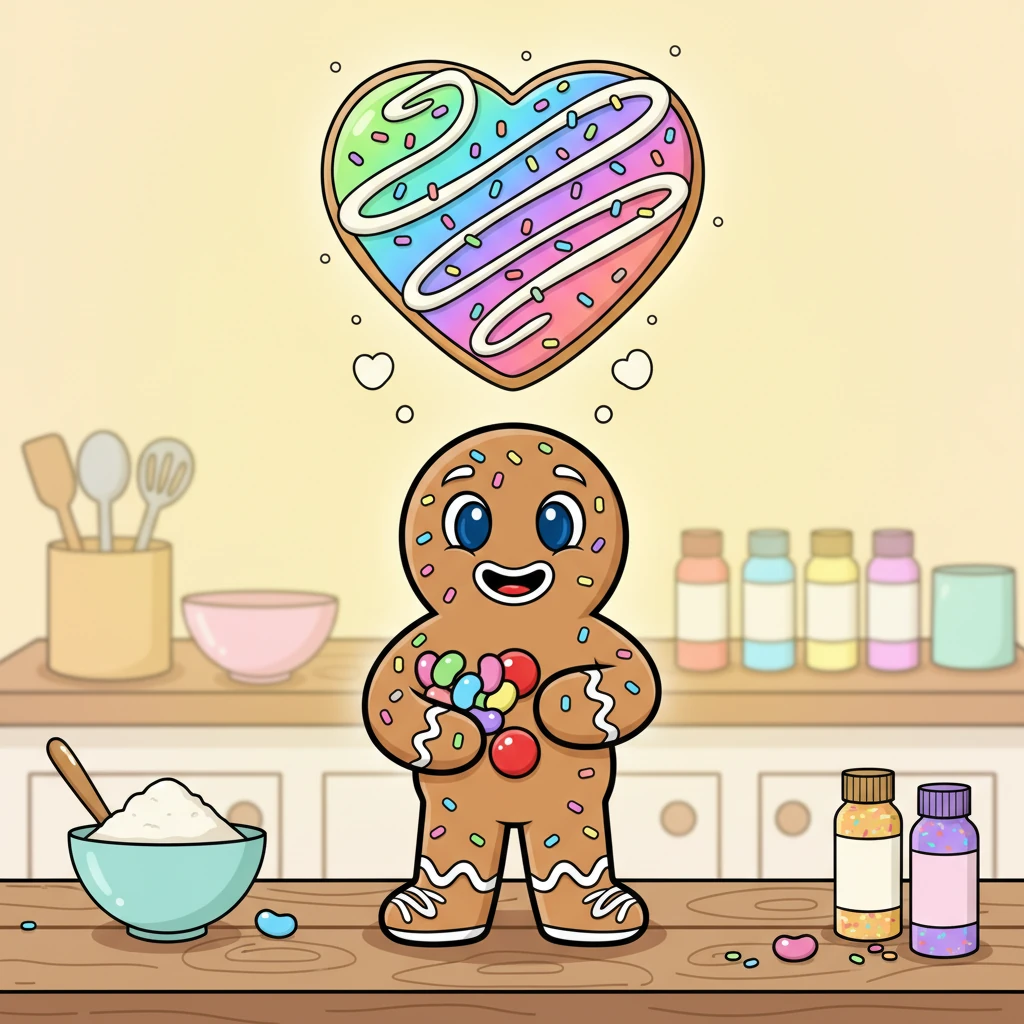 A brilliant idea popped into Gus's head! He would bake her the most magnificent, heart-shaped sugar cookie, decorated with all the colors of the rainbow. He imagined her sweet smile when she saw it.