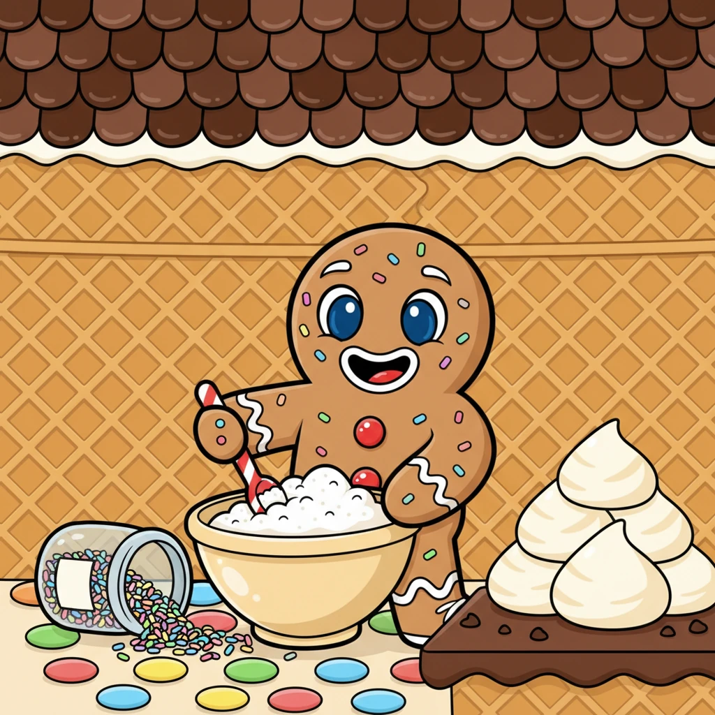 Gus hurried to his cozy little kitchen, made of crispy waffle cones and chocolate shingles. He gathered flour made from powdered sugar, eggs made from creamy meringue, and sprinkles of every hue. His tiny gingerbread hands worked with joyful purpose.