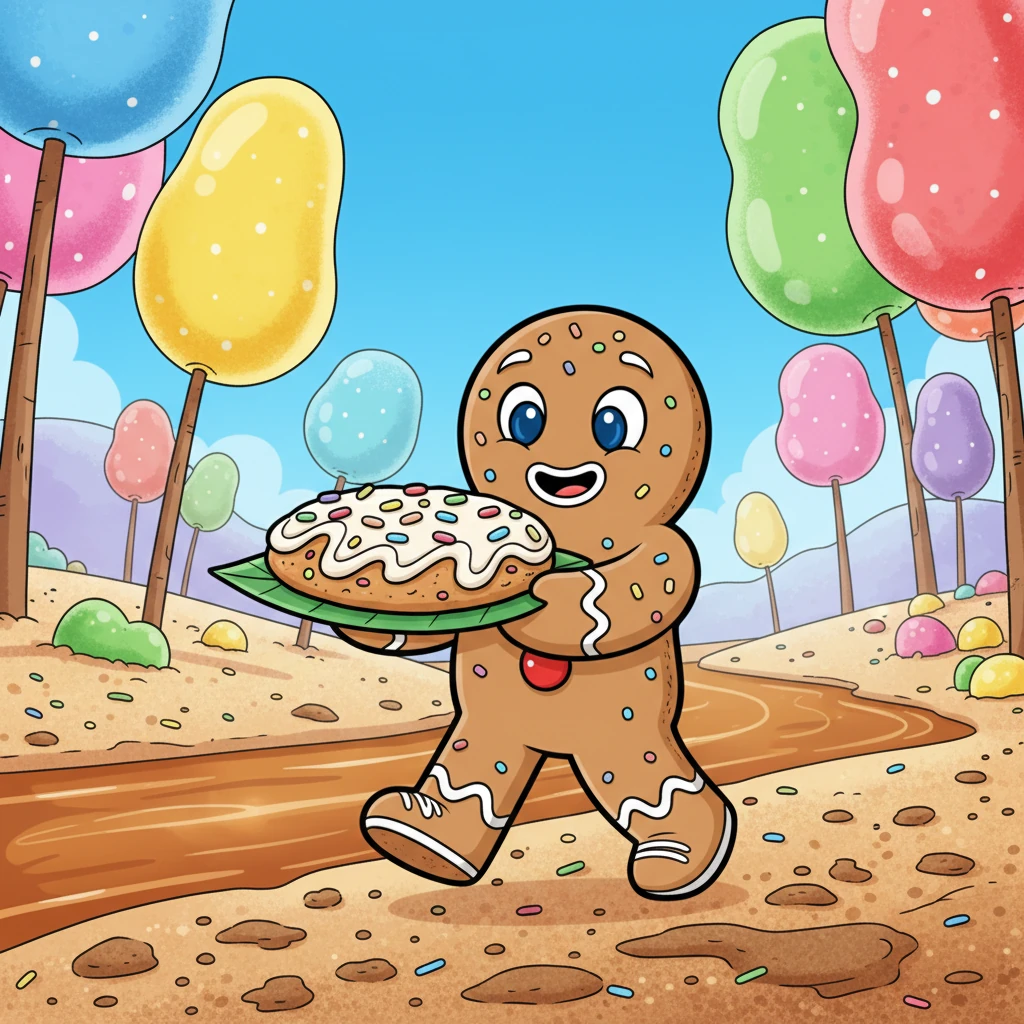 Now, to deliver his special gift! Gus carefully placed the beautiful cookie on a sturdy leaf platter. He began his journey across the vast, sugary landscape, past towering gumdrop trees and a river of glistening caramel.