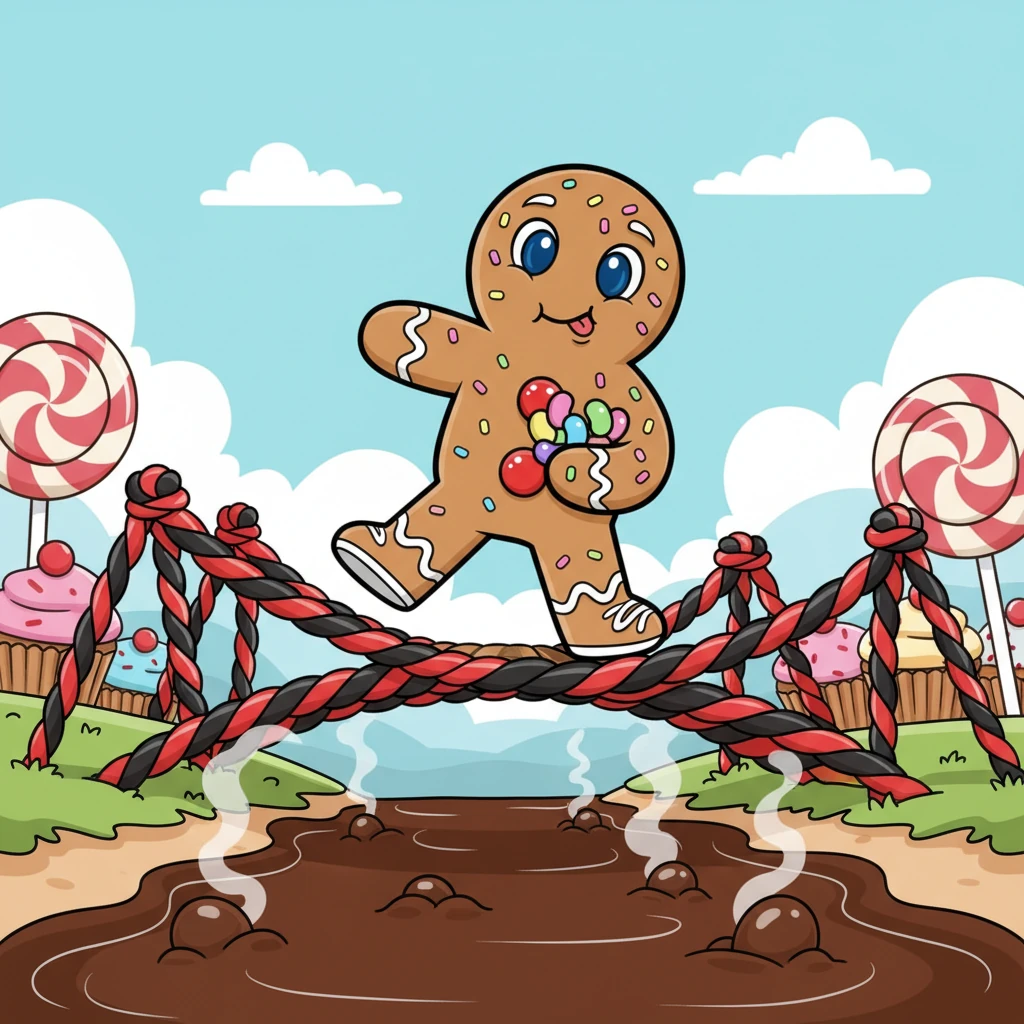 Oh no! A wobbly bridge made of licorice strands stretched across a bubbling hot fudge river. Gus gulped, but his determination to reach Jelly Belle was stronger than any fear. He bravely tiptoed across, balancing his precious gift.
