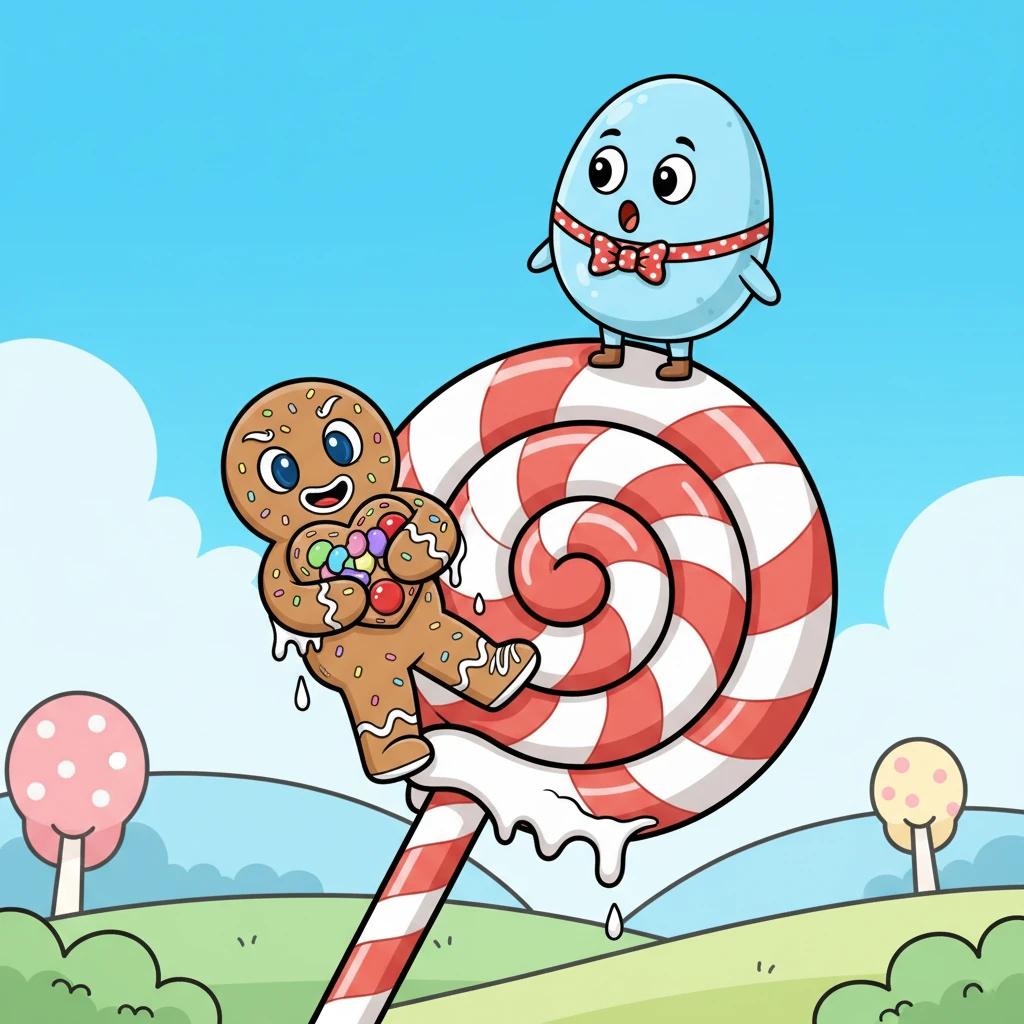 Finally, after a long and adventurous trek, Gus reached the base of the lollipop. He carefully climbed up the sticky stick, holding the cookie tight. Jelly Belle turned, her round eyes widening in surprise as Gus presented his gift.