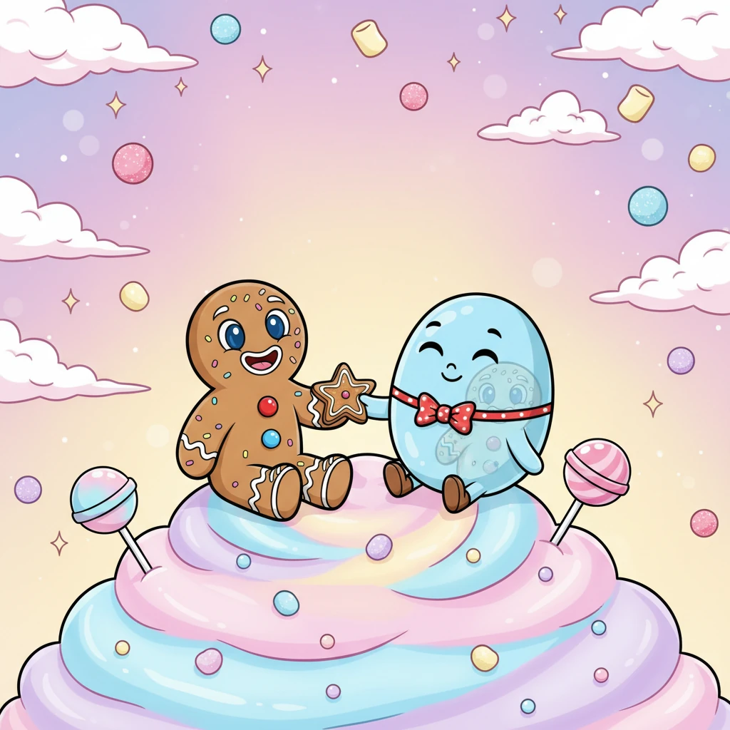 Jelly Belle’s face lit up with a joyful, sweet smile. She gently took the cookie, her shiny surface reflecting Gus’s happy face. They sat side by side, two sweet friends on top of the world, sharing a perfect moment under the candy sky.