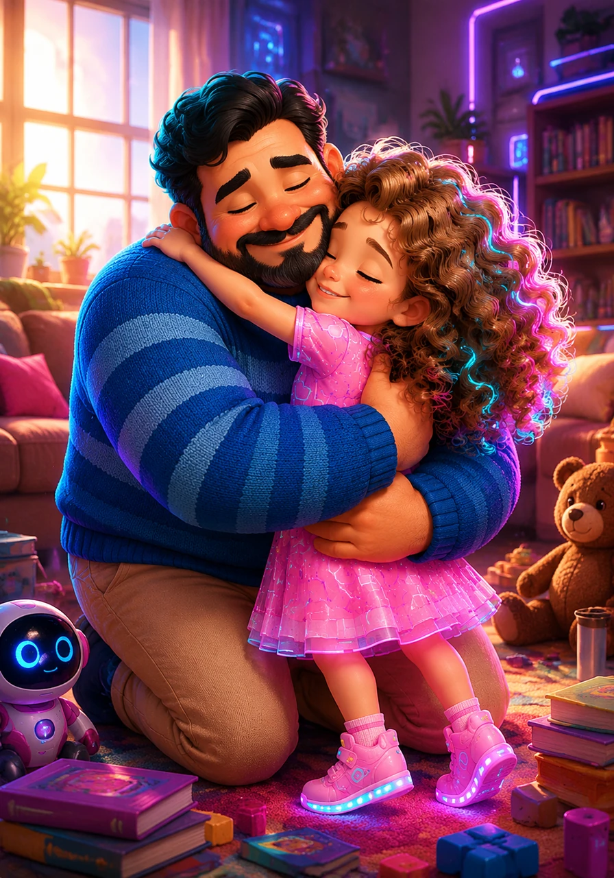 Amelia and her father, Osvaldo, share a warm, loving hug in their sunlit living room. Amelia’s bouncy curls catch the light as she squeezes her father, who wears a cozy blue striped sweater. Around them, the room is filled with toys and books, creating a soft, whimsical atmosphere of safety and affection.