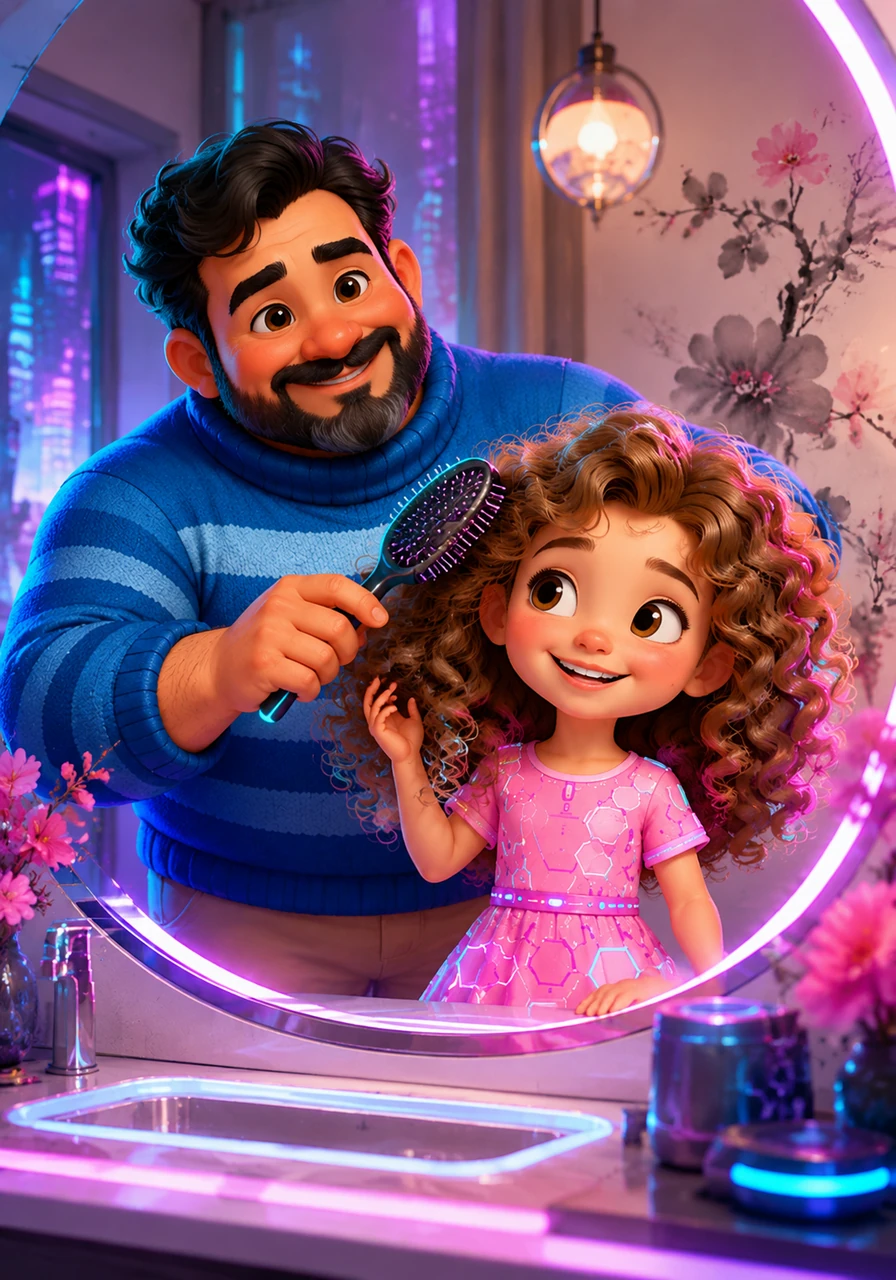 The morning begins with gentle care as Osvaldo helps Amelia brush her wild, curly hair. They stand before a mirror surrounded by delicate ink-washed flowers, laughing at the stubborn tangles that refuse to stay down. It is a quiet moment of connection that starts their day with a smile and a sense of belonging.