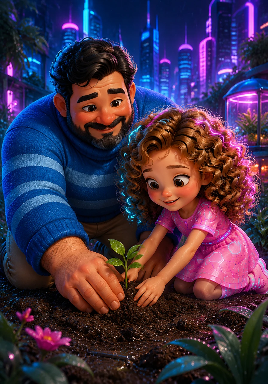 In the garden, the pair kneels in the soft earth to plant a tiny seedling together. Osvaldo’s large hands guide Amelia’s small ones as they pat the soil into place, their faces glowing with concentration. The air is filled with the scent of fresh rain and the promise of something beautiful growing under their care.