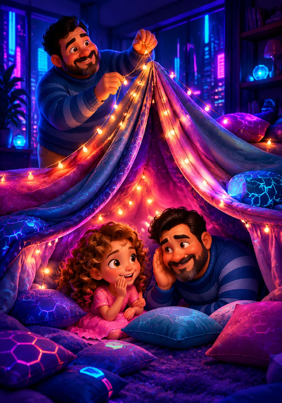 Inside, a grand adventure unfolds as they construct a magnificent blanket fort using every pillow in the house. Osvaldo hangs twinkling fairy lights that cast a magical glow over their secret hideout. They crawl inside to share secrets and whispers, tucked away from the rest of the world in their own little universe.