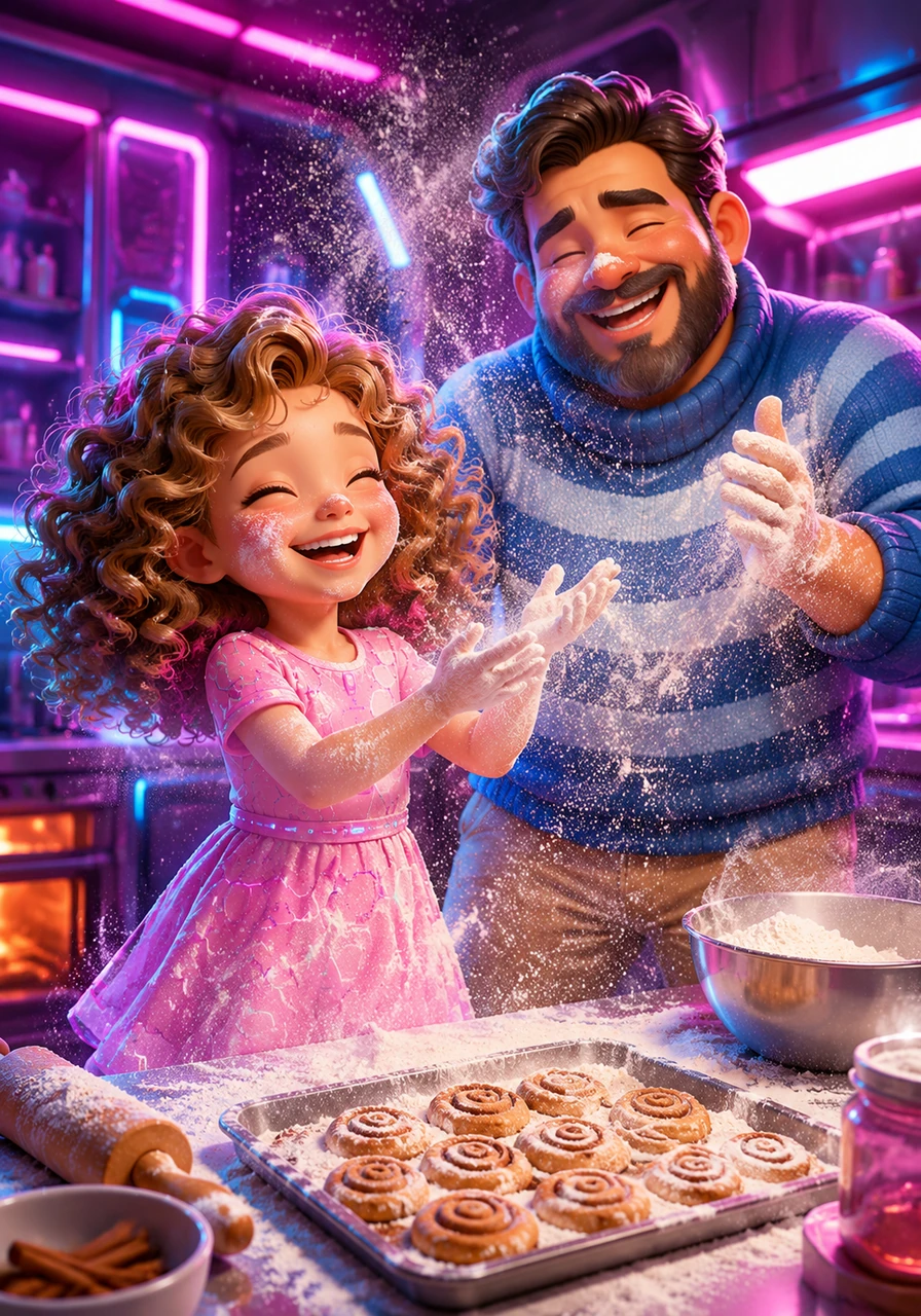 The kitchen becomes a flurry of white powder as Amelia and Osvaldo bake a batch of cinnamon cookies. Flour dusts Amelia’s pink dress and Osvaldo’s nose, making them both burst into fits of giggles. The warm, sweet aroma fills the house, wrapping them in a blanket of comfort and shared joy.
