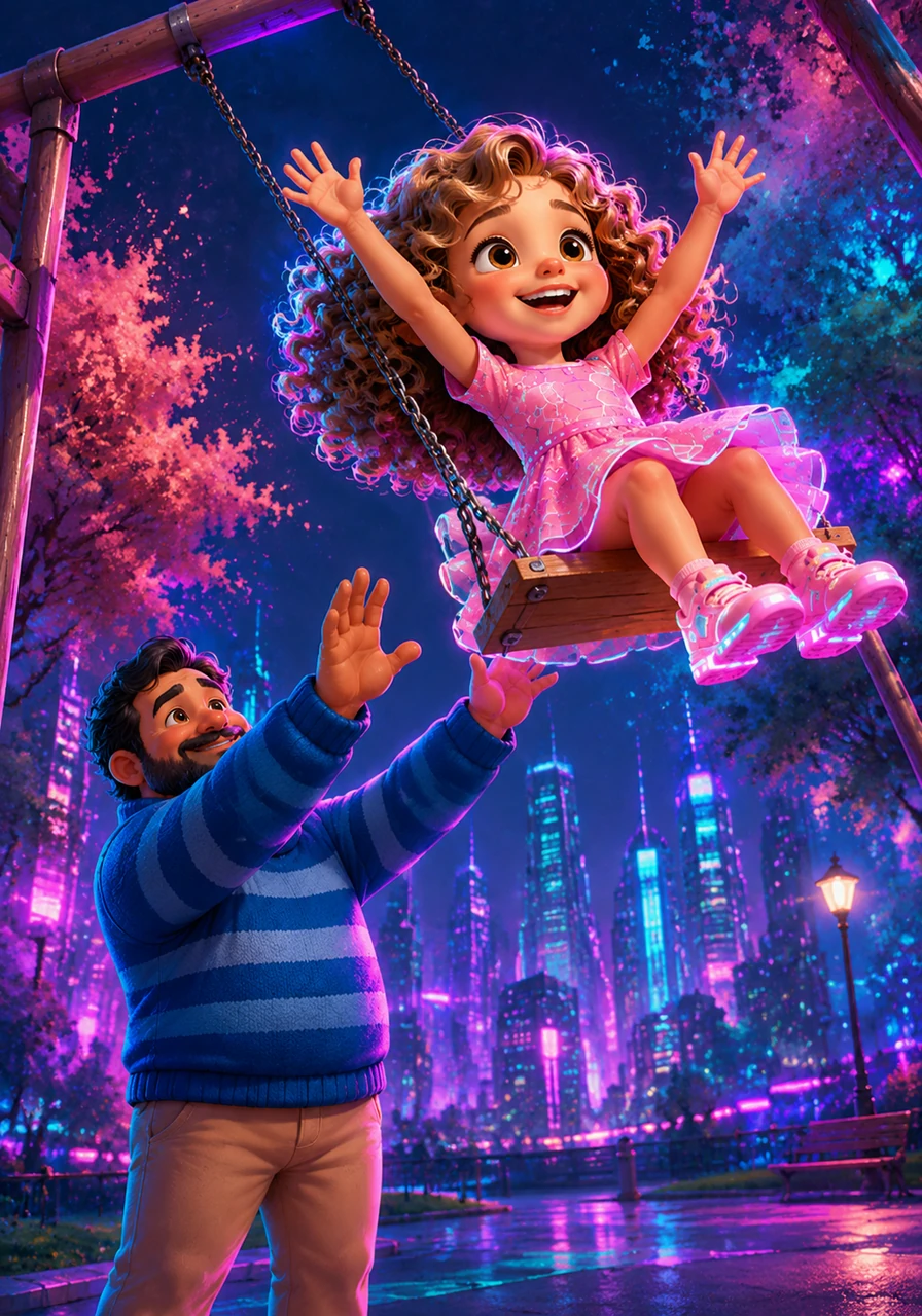 At the local park, Osvaldo pushes Amelia high into the air on the wooden swings. She reaches for the sky, her laughter echoing through the soft watercolor trees and swirling ink lines of the landscape. Every push from her father feels like a promise that he will always be there to support her and help her fly.