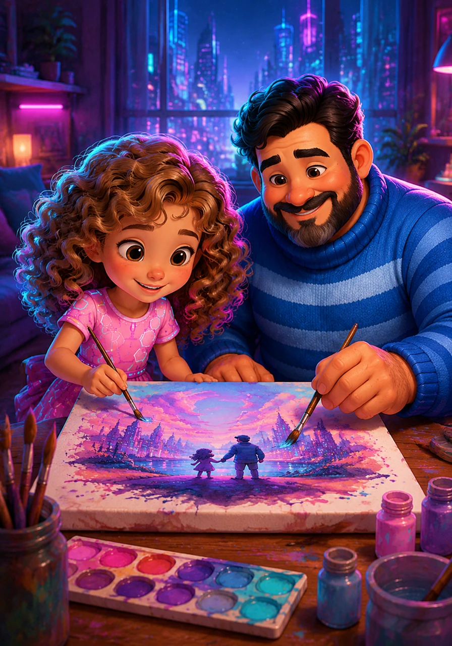 Back home, they sit side-by-side at a small wooden table, dipping brushes into vibrant pastel paints. They work together on a single canvas, blending colors to create a masterpiece that captures their day. Their shared creativity flows effortlessly, much like the delicate ink wash that defines their whimsical world.