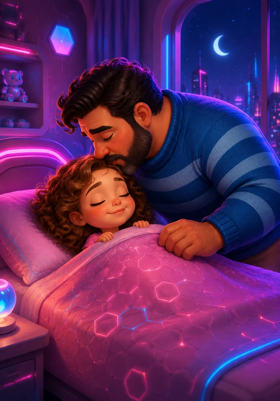 As the sun sets, Osvaldo tucks Amelia into her soft bed, pulling the patterned quilt up to her chin. He kisses her forehead and whispers a gentle goodnight, the room glowing with the soft light of a crescent moon through the window. It is a peaceful end to a day filled with simple joys and the deepest kind of love.