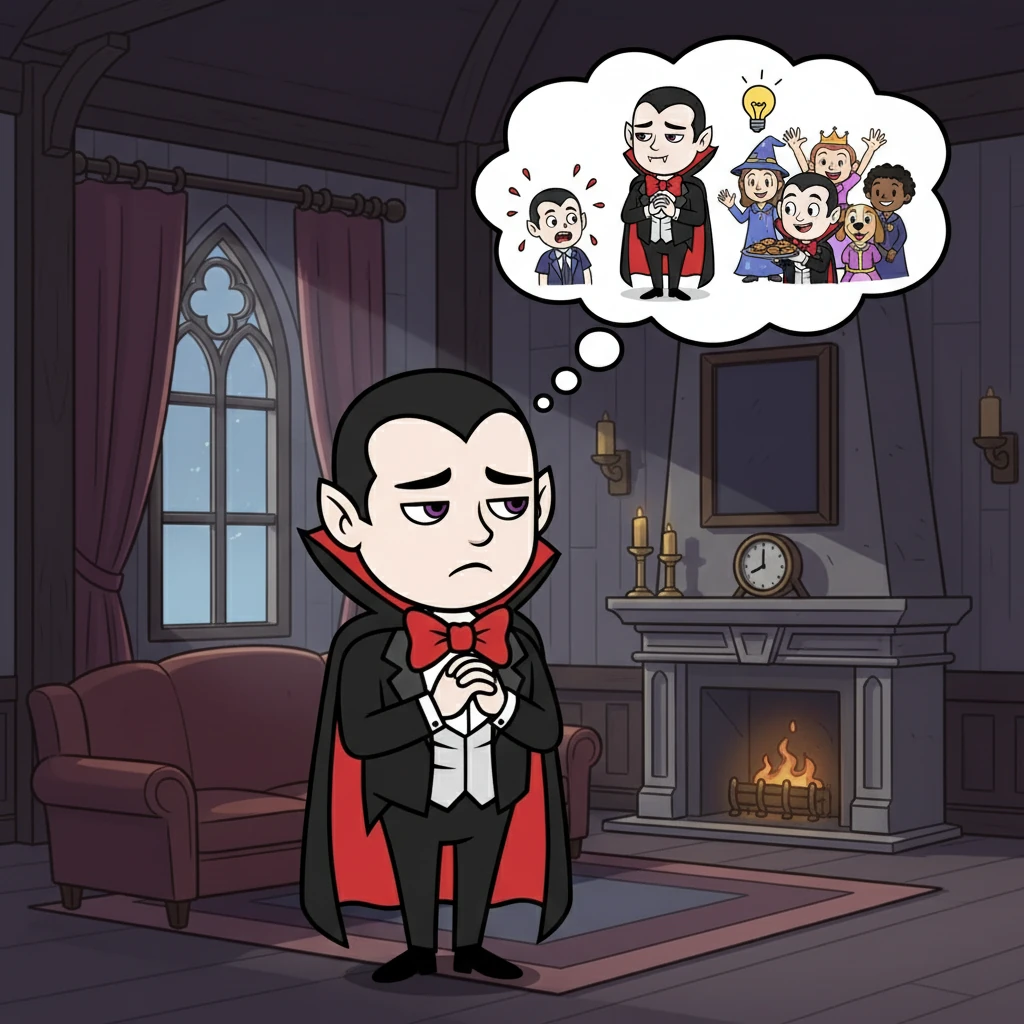 Realization dawned upon Count Von Poke: his lifestyle choices weren't exactly conducive to making friends. He realized that sucking blood might not be the best way to make a great first impression. He knew he needed to change.