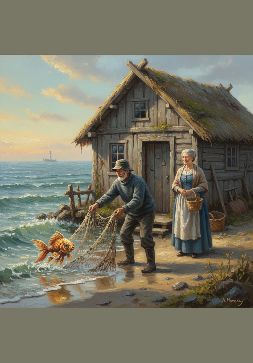 An old fisherman lives with his wife in a tiny, weathered hut right by the edge of a vast and sparkling blue sea. Every morning, he takes his net to the shore, living a quiet life of simple hard work while the waves gently lap at the sand.