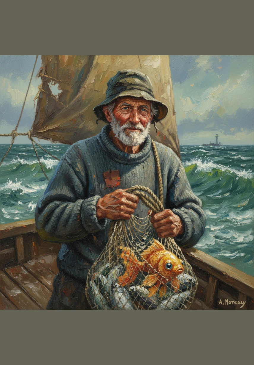 One day, his net feels unusually heavy, and he pulls up a beautiful fish with scales that glow like pure gold in the sunlight. The fish speaks in a gentle, human voice, begging to be released and promising to grant any wish in return for its freedom.