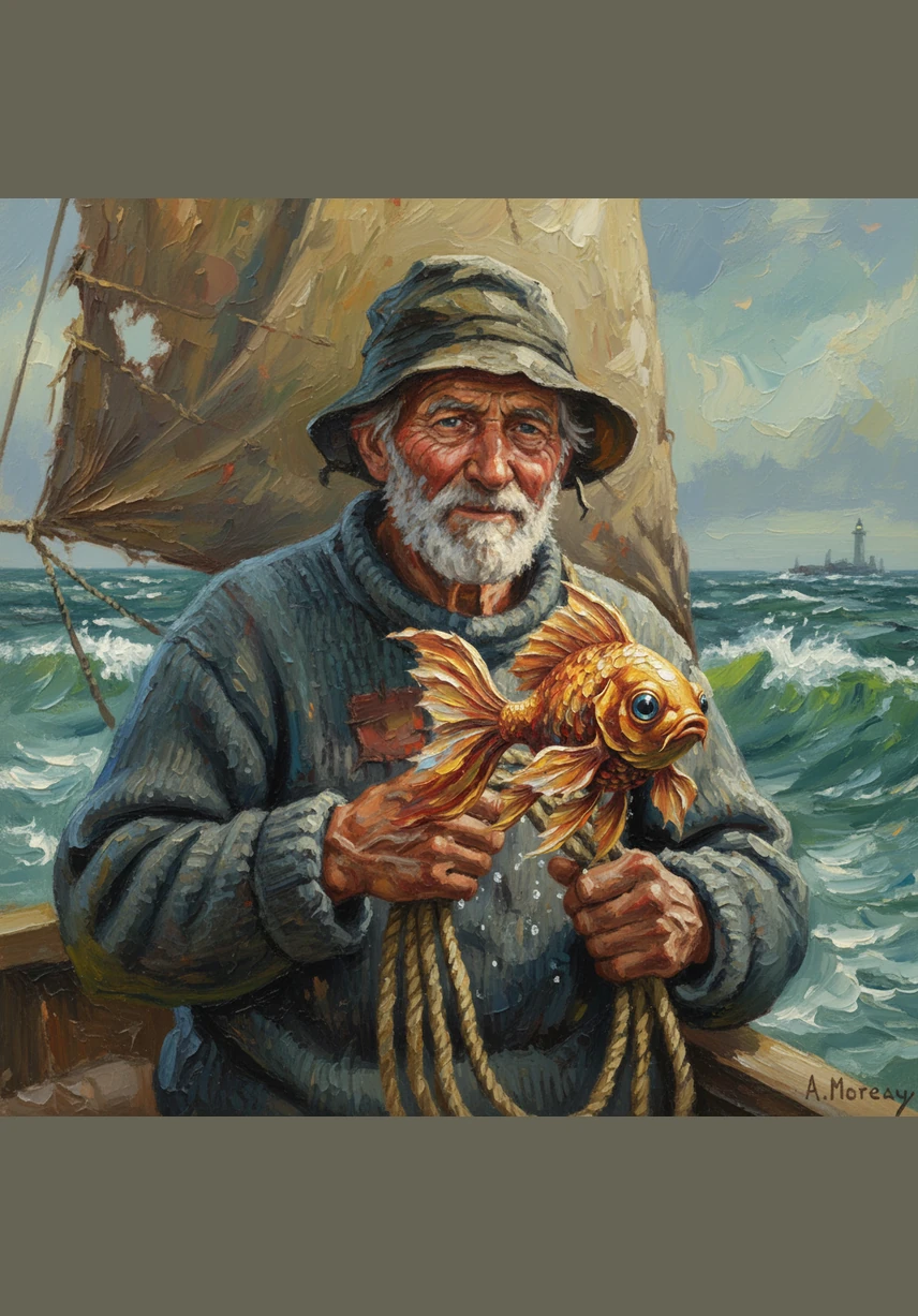 The kind fisherman is surprised but asks for nothing, simply choosing to set the magical fish free back into the deep blue waves. He watches the golden shimmer disappear beneath the water and then returns home to tell his wife about the amazing encounter.