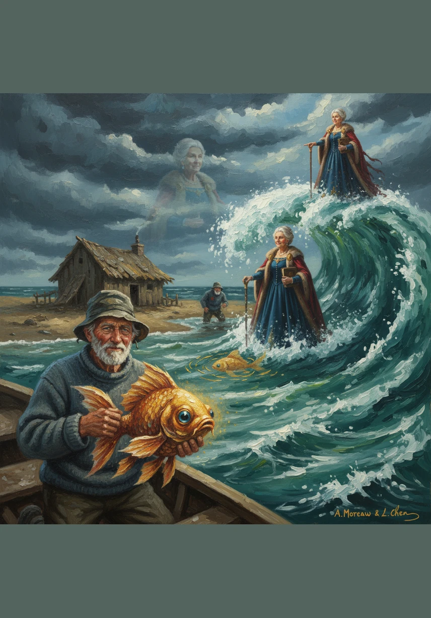 His wife is not impressed by his kindness and angrily demands that he go back to ask for a new wooden trough to replace their broken one. The fisherman returns to the shore, calls for the fish, and find a brand-new trough waiting for him at home.