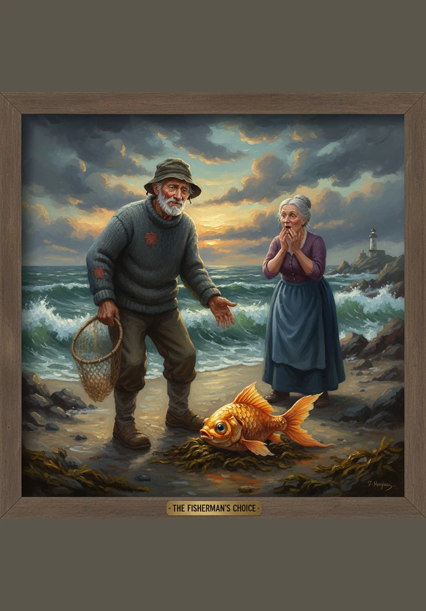 Soon, a new trough is not enough, and the wife demands a large, sturdy house with a tiled roof and a garden. The fisherman calls to the fish again, and he returns to find a beautiful new home standing where their old shack used to be.