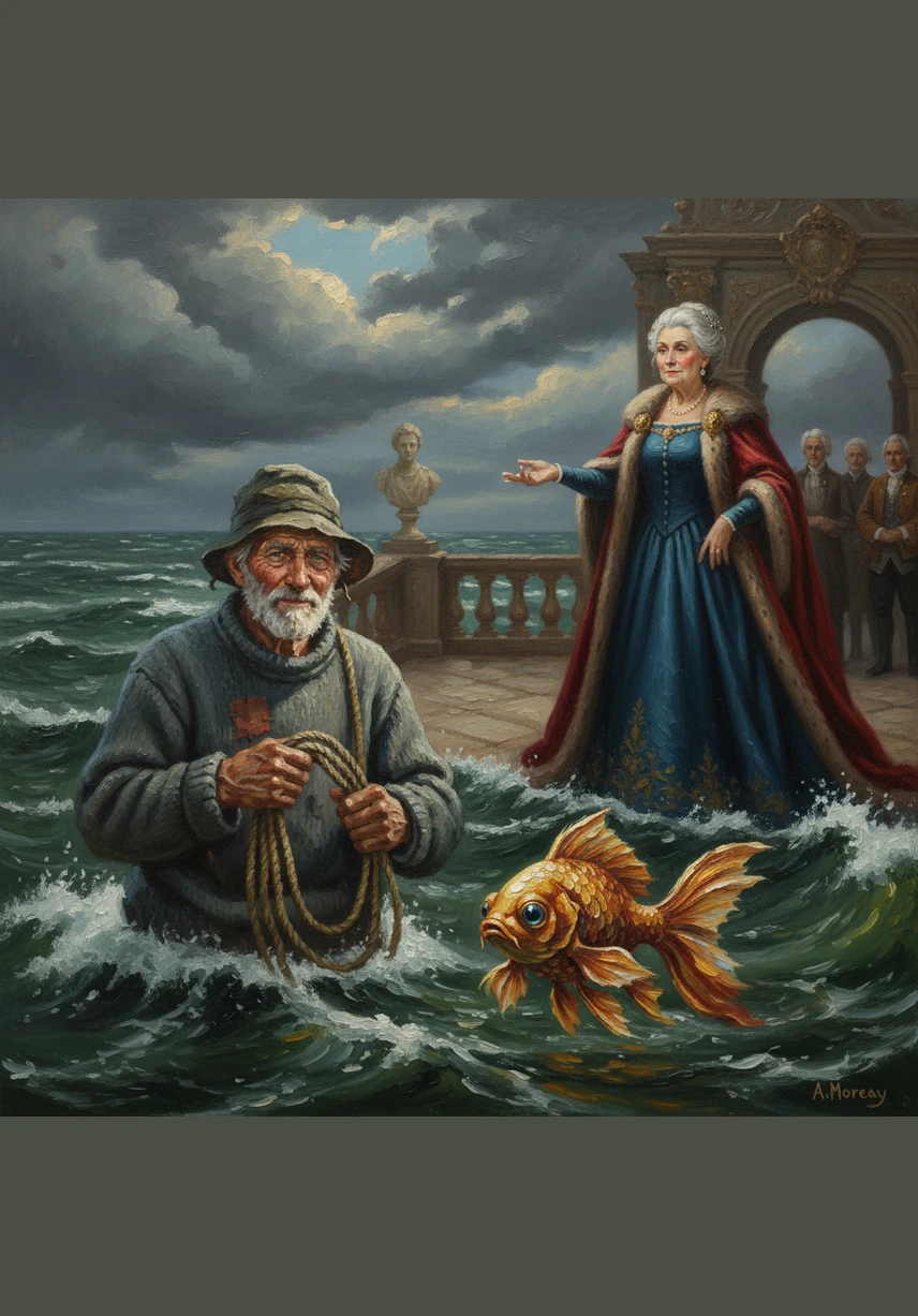 The wife’s greed continues to grow, and she insists on becoming a wealthy noblewoman with fine silk clothes and many servants. As the fisherman speaks to the fish, the sea begins to turn a restless, dark green, reflecting the changing mood of the story.