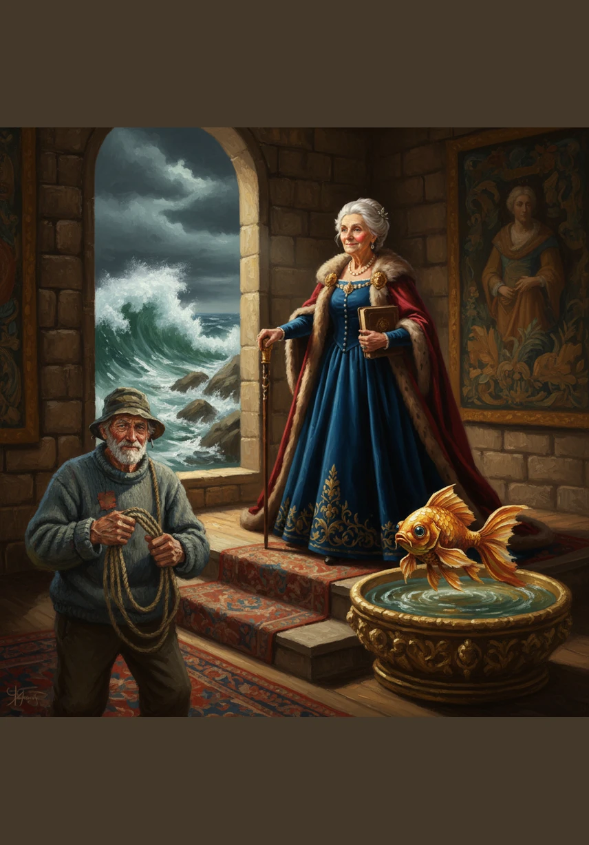 Next, the wife demands to be a powerful queen, ruling over a grand kingdom from a magnificent stone palace. The fisherman is worried as he sees the waves growing taller and more turbulent, but the Golden Fish grants the wish once more.