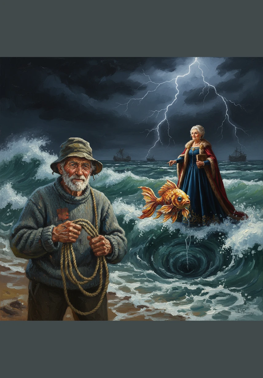 Finally, the wife demands to be the Mistress of the Sea, wanting the Golden Fish to serve her personally at the bottom of the ocean. The fisherman approaches the shore with a heavy heart as a violent storm begins to howl and the sky turns black.