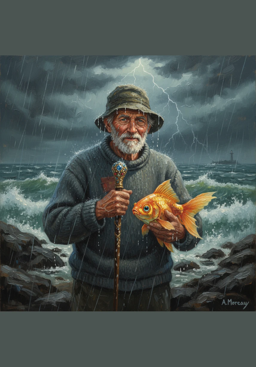 The fisherman calls out to the Golden Fish one last time to deliver his wife's final, arrogant demand. The fish does not respond with words; it simply splashes its tail and dives deep into the dark, churning water, leaving the fisherman alone in the rain.
