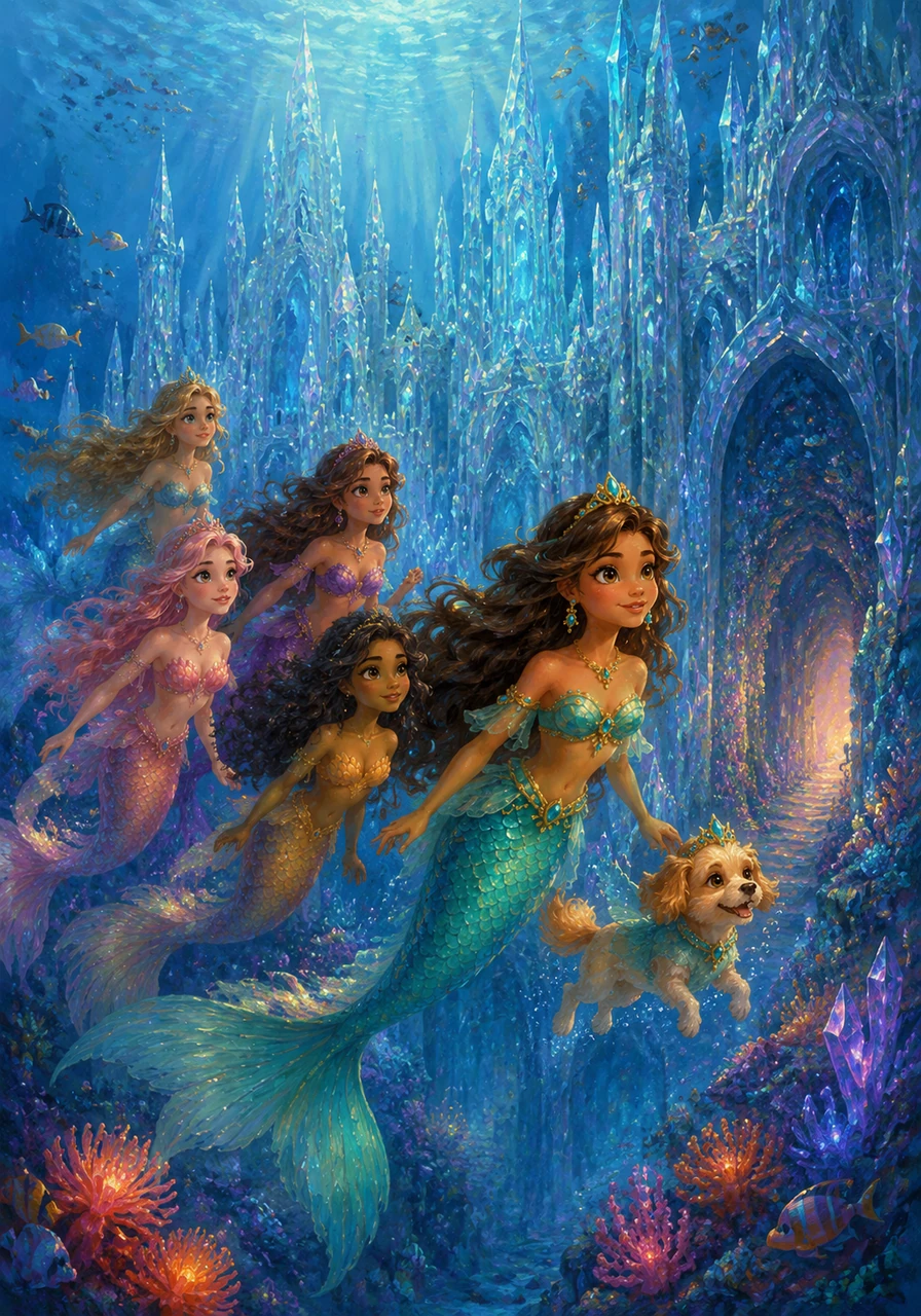 Acompaña a cinco valientes princesas sirenas y a su adorable perrito Suki en una emocionante aventura submarina dentro de un majestuoso castillo de cristal. Juntas descubrirán el poder de la amistad, el trabajo en equipo y los misterios ocultos del océano al buscar un tesoro legendario. Una historia mágica e inspiradora, perfecta para despertar la imaginación y el amor por el mar.