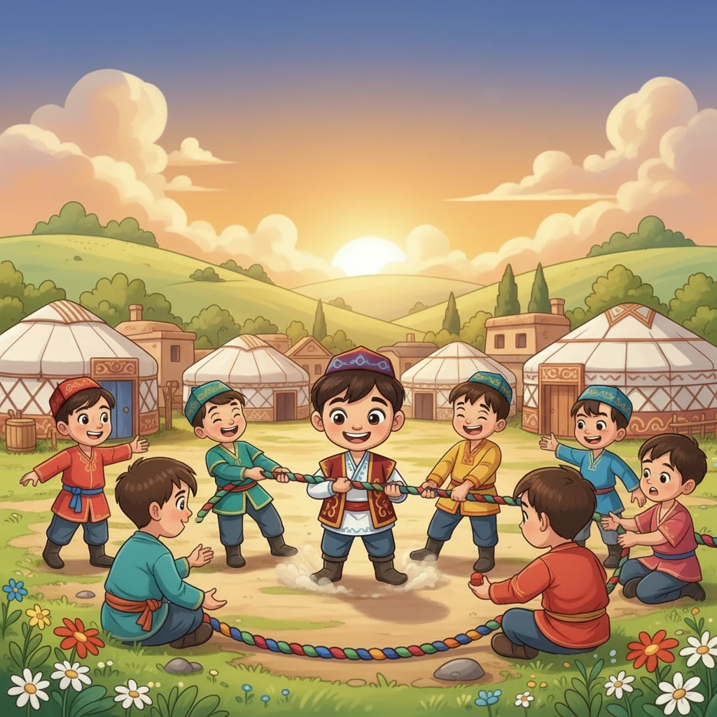 Далаға кеш батып келе жатқанда, балалар арқан тартуға кірісті. Екі топ болып бөлініп, күш пен ынтамен тартысты. Көңілдері көтеріліп, бірліктері нығайды.