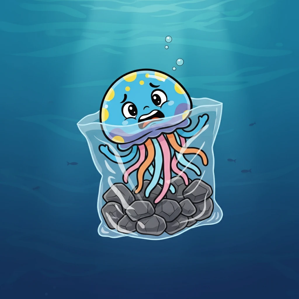 Peter was stuck! A large plastic bag, filled with heavy rocks, had snared him. He flapped his tentacles frantically, trying to escape, but the bag held him tight. Peter felt scared and alone in the vast ocean.