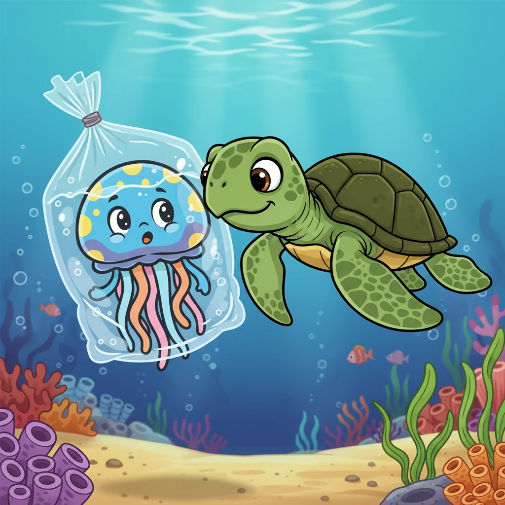 Suddenly, a large, green turtle appeared. Peter was initially frightened, but the turtle swam closer, its eyes curious. The turtle seemed to be examining the bag Peter was trapped in.