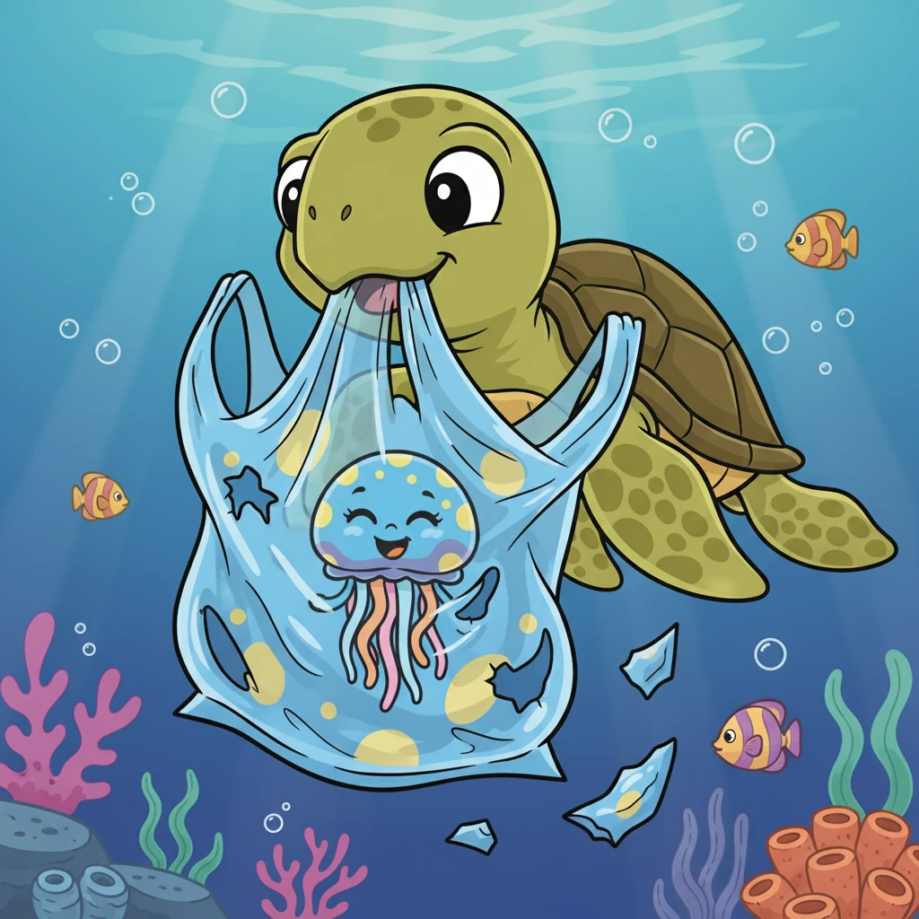 Thinking the bag was a tasty treat, the turtle began to eat it. With each bite, the plastic bag began to disappear, freeing Peter from his prison! Peter was so happy to be free!