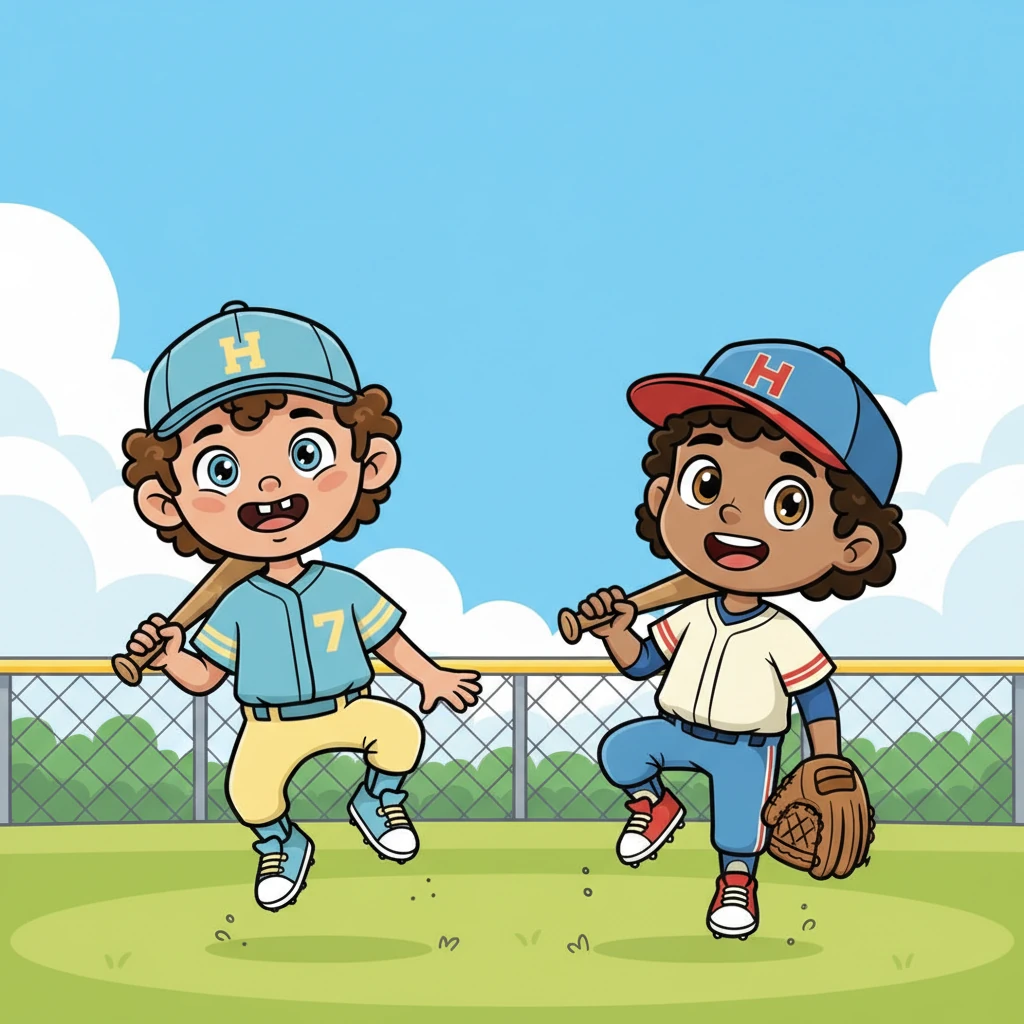 On their first practice day, Blake and Shawn arrived at the field, bats slung over their shoulders, practically bouncing with energy. They couldn't wait to play!