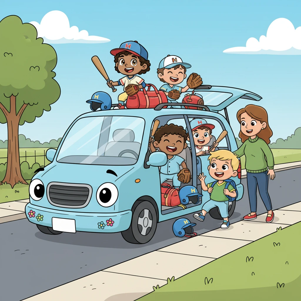 Blake's mom arrived in her cheerful minivan to pick up the four friends. The boys piled into the back, their bags and gloves clanking together.