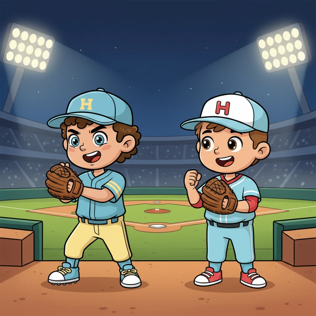 "Yeah, let's do this!" Ricky and Sam declared, grabbing their gloves with a new sense of purpose. The game was about to begin under the bright stadium lights.