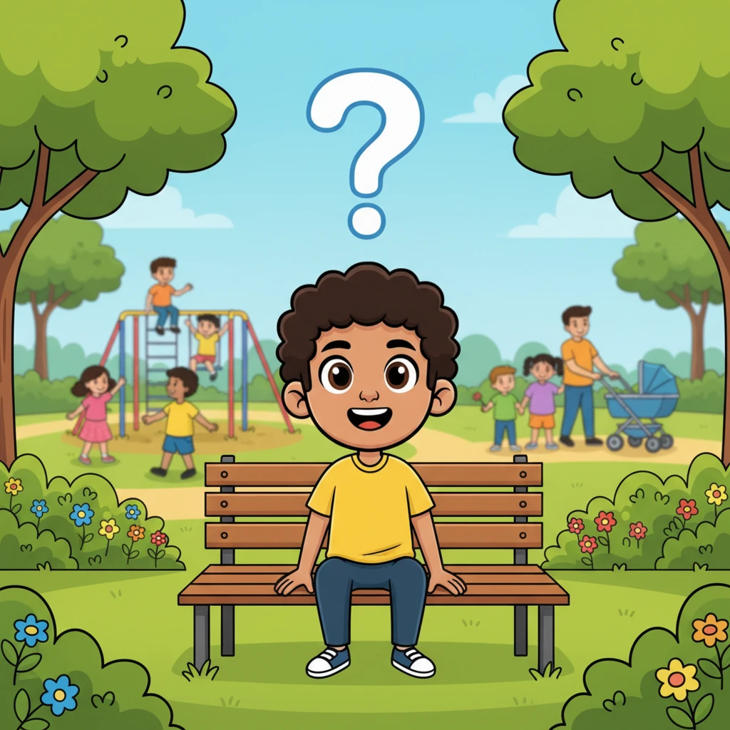 Dhruv, a cheerful boy with a bright yellow shirt, sits on a park bench, watching children play and families stroll by. He gazes up at the sky, a big question mark floating playfully above his head, wondering how so many different people live together in harmony. The park is full of vibrant flowers and giggling children.