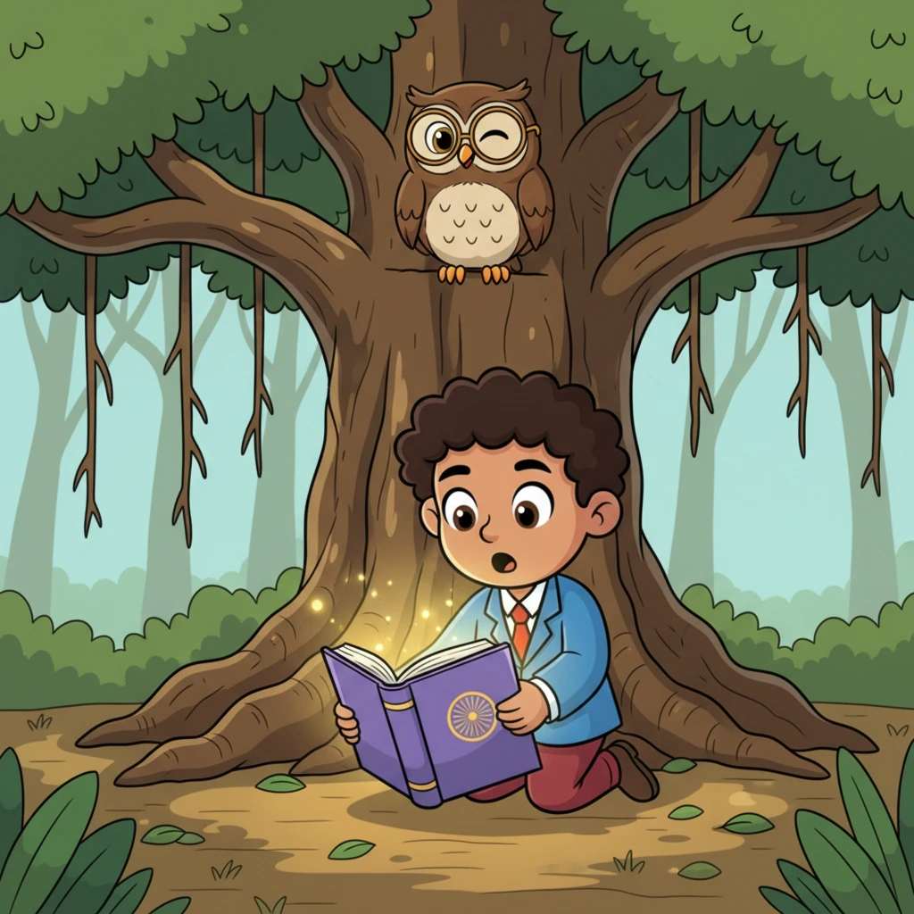 Suddenly, a shimmering light catches Dhruv's eye. Hidden beneath a grand old Banyan tree, he discovers an ancient, glowing book titled "Our Constitution, Our Guide." A wise, friendly owl with spectacles, named Hoot, perches on a branch above, winking at Dhruv with a knowing smile.