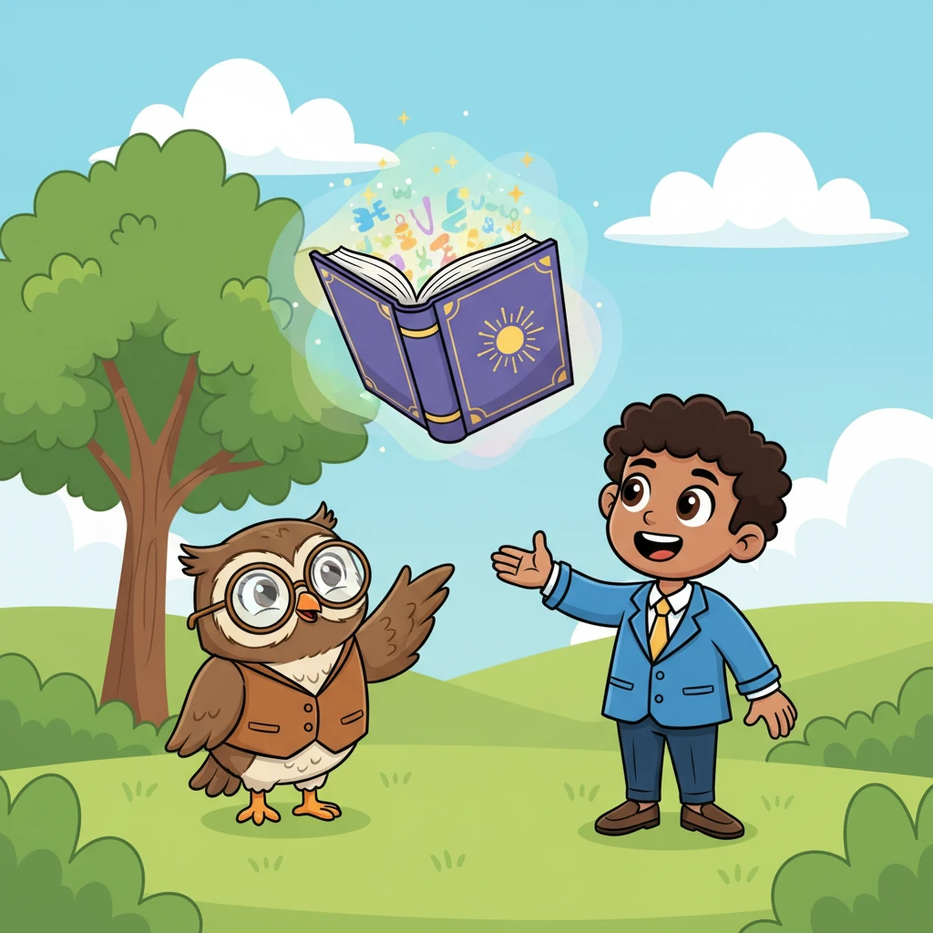 Hoot gently explains that the Constitution is like the grand rulebook for their entire country, ensuring everyone is treated fairly and equally. Dhruv's eyes widen in amazement, imagining a giant, colorful rulebook floating in the air, its pages sparkling with wisdom.