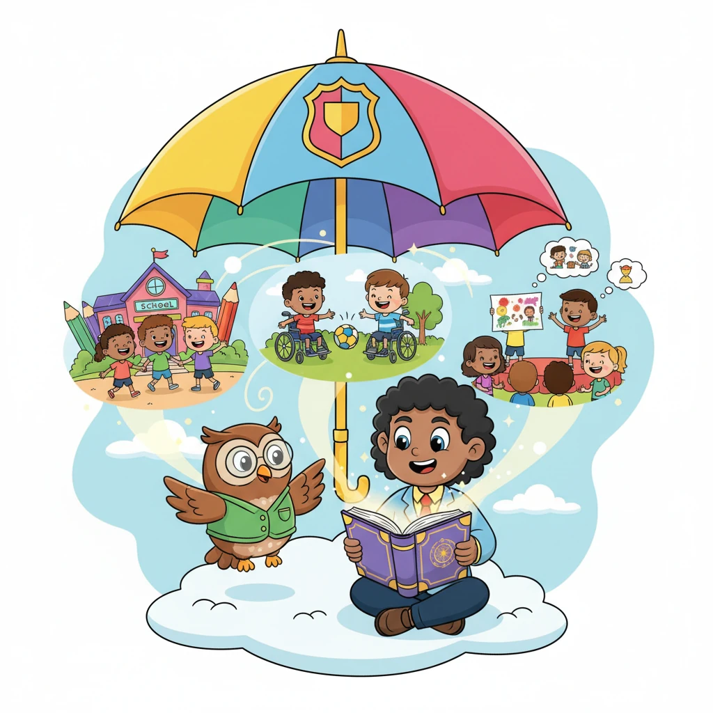 They open the magical book, and the first page springs to life, illustrating "Fundamental Rights." Dhruv sees joyful cartoon children going to school, playing together regardless of differences, and expressing their ideas freely, all under a big, protective umbrella of rights. Hoot points to each scene, explaining the right to education, equality, and freedom.