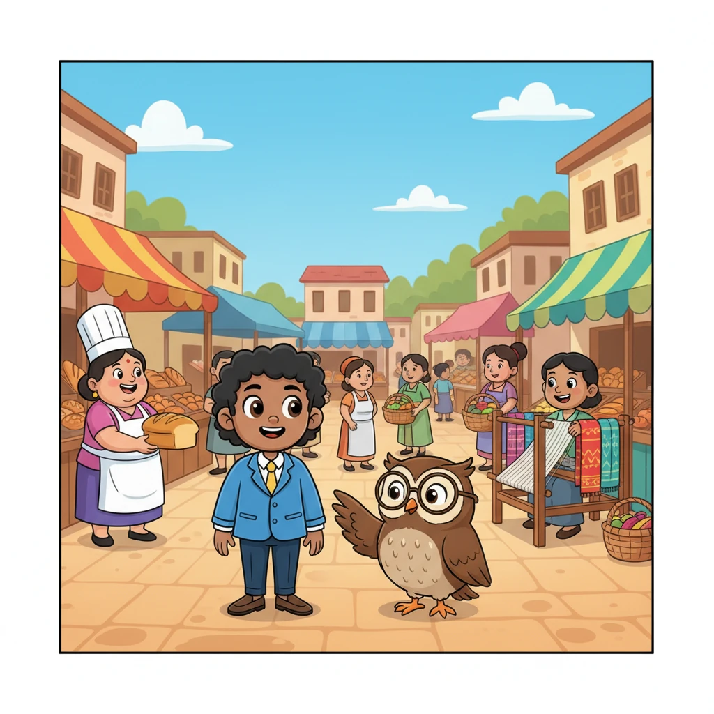 The scene transforms into a bustling, colorful market square, filled with vendors and shoppers from all walks of life. Hoot shows Dhruv how these fundamental rights ensure everyone can work, trade, and live with dignity, their smiles bright and genuine. Dhruv watches in awe as a baker offers bread and a weaver displays vibrant fabrics.