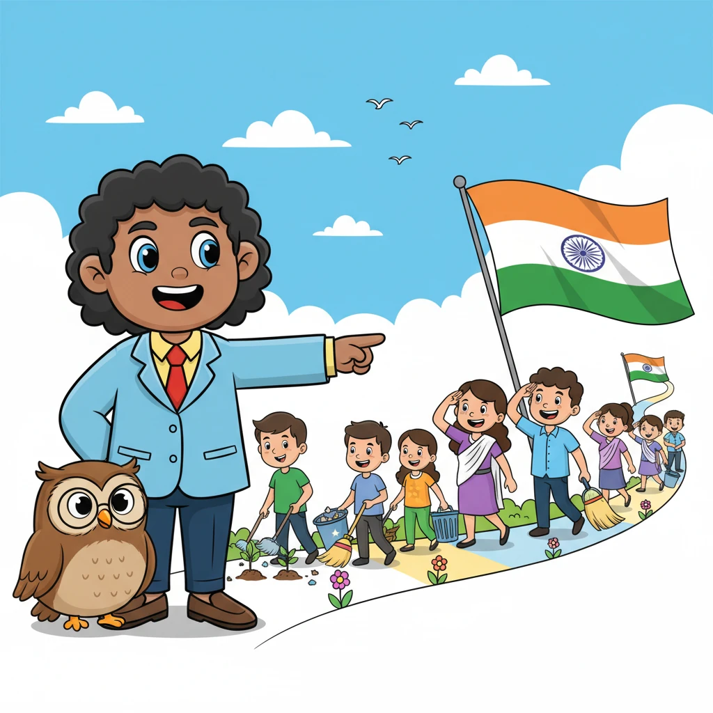 Turning the page, they discover "Citizens' Duties," depicted as a lively parade of people actively caring for their country. Dhruv sees happy characters planting saplings, keeping their streets sparkling clean, and proudly saluting their national flag. Hoot emphasizes the importance of protecting nature and respecting national symbols.