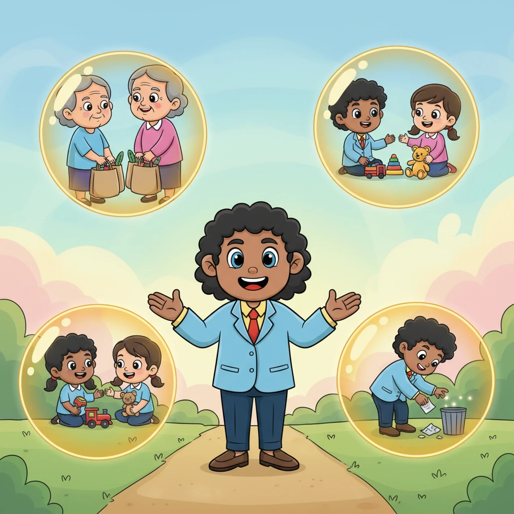 Inspired, Dhruv imagines himself joining the parade! He sees a playful version of himself helping an elderly neighbor carry groceries, sharing his toys with a friend, and picking up a piece of litter. These actions glow with a warm, golden light, showing the joy of contributing to the community.