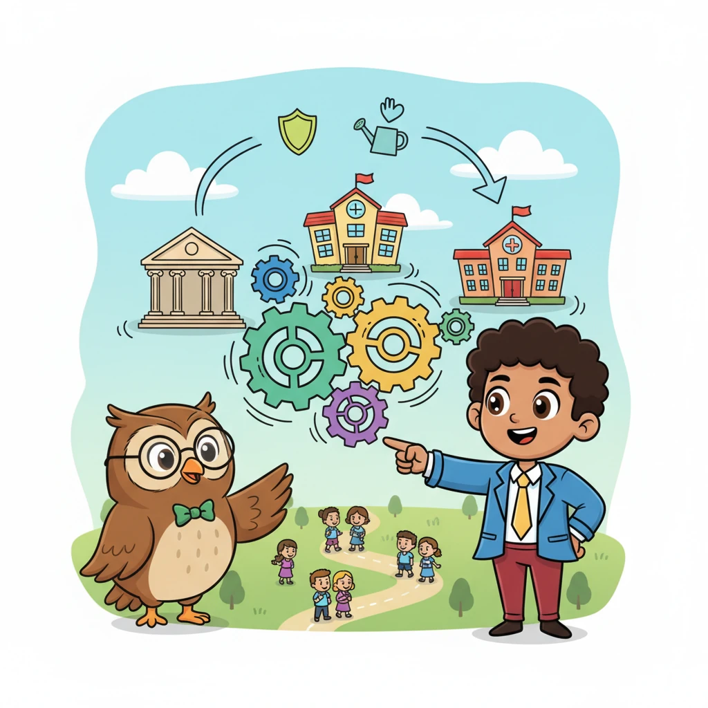 Hoot then explains the "Framework" – how different parts of the government work together like a big, friendly team to protect these rights and ensure duties are followed. Dhruv sees cartoon buildings representing the government, connected by colorful gears, all spinning smoothly to keep the country running fairly.