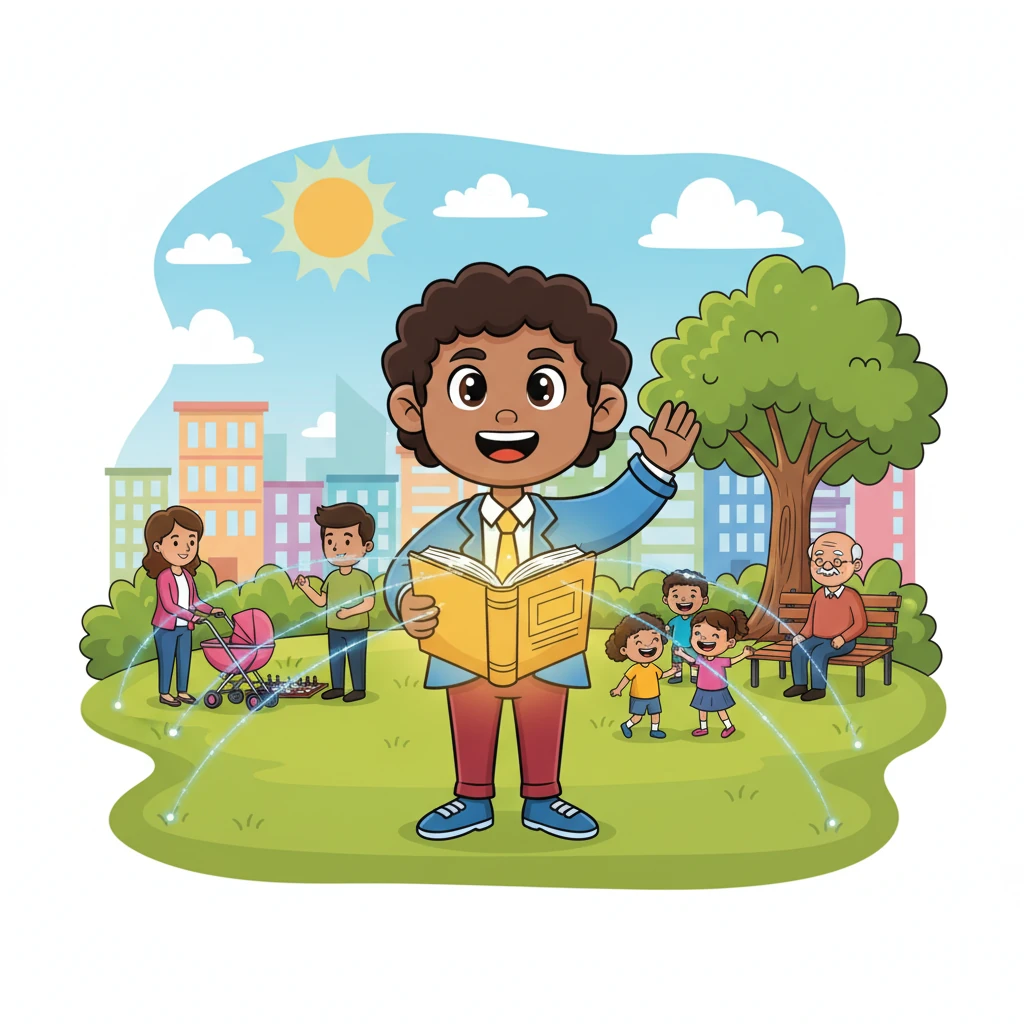 Back in the park, the magical book now glows softly in Dhruv's hands. He looks around at his community with new, understanding eyes, seeing the invisible threads of the Constitution connecting everyone. Dhruv stands tall, pledging to be a thoughtful and responsible citizen, ready to make his country even brighter.